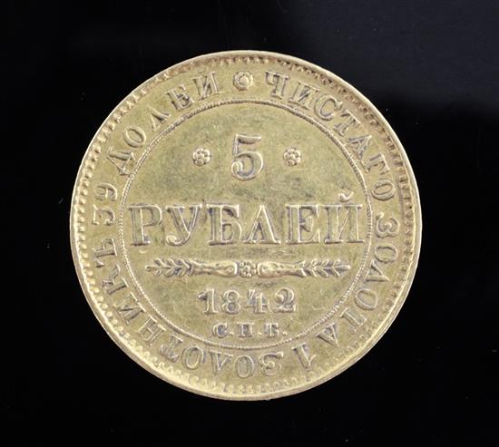A Russian Nicholas I five rouble gold coin, 1842, 6.5g, NEF, rare in this grade